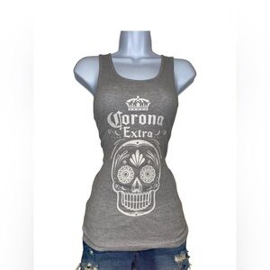 y2k gray and white corona ribbed tank top with skull graphic